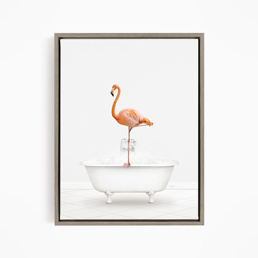 A vibrant flamingo stands on the edge of a white bathtub filled with water, creating a whimsical and playful scene.