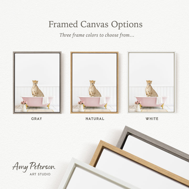 three framed canvas options, each with a different color: gray, natural, and white. The text above the images reads " framed Canvas Options" and "Three frame colors to choose from...". The text below the images reads "Grays", "NATURAL", and "WHITE". The artist's name, Amy Peterson, is also mentioned at the bottom of the image.