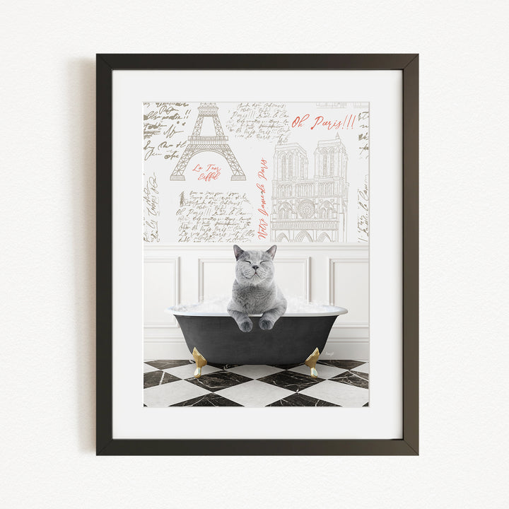 A gray cat sitting in a black bathtub, with a framed image of the Eiffel Tower and Paris in the background.