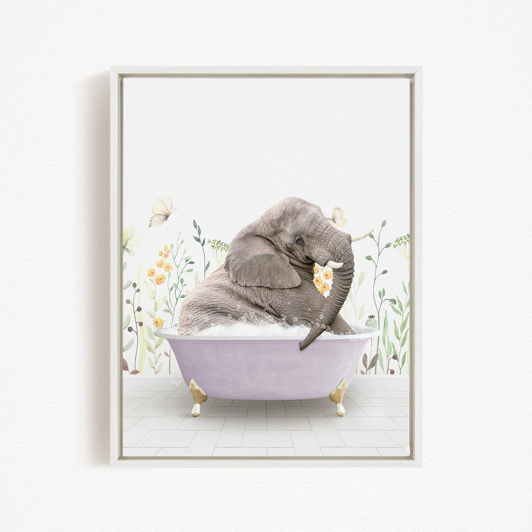 A gray elephant is sitting in a purple bathtub filled with water, surrounded by flowers and butterflies.