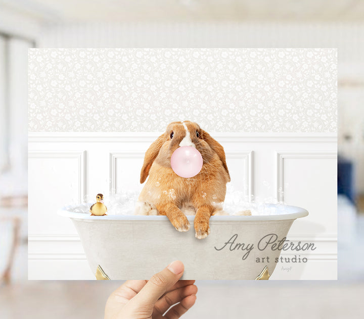 a rabbit in a bathtub with bubble gum