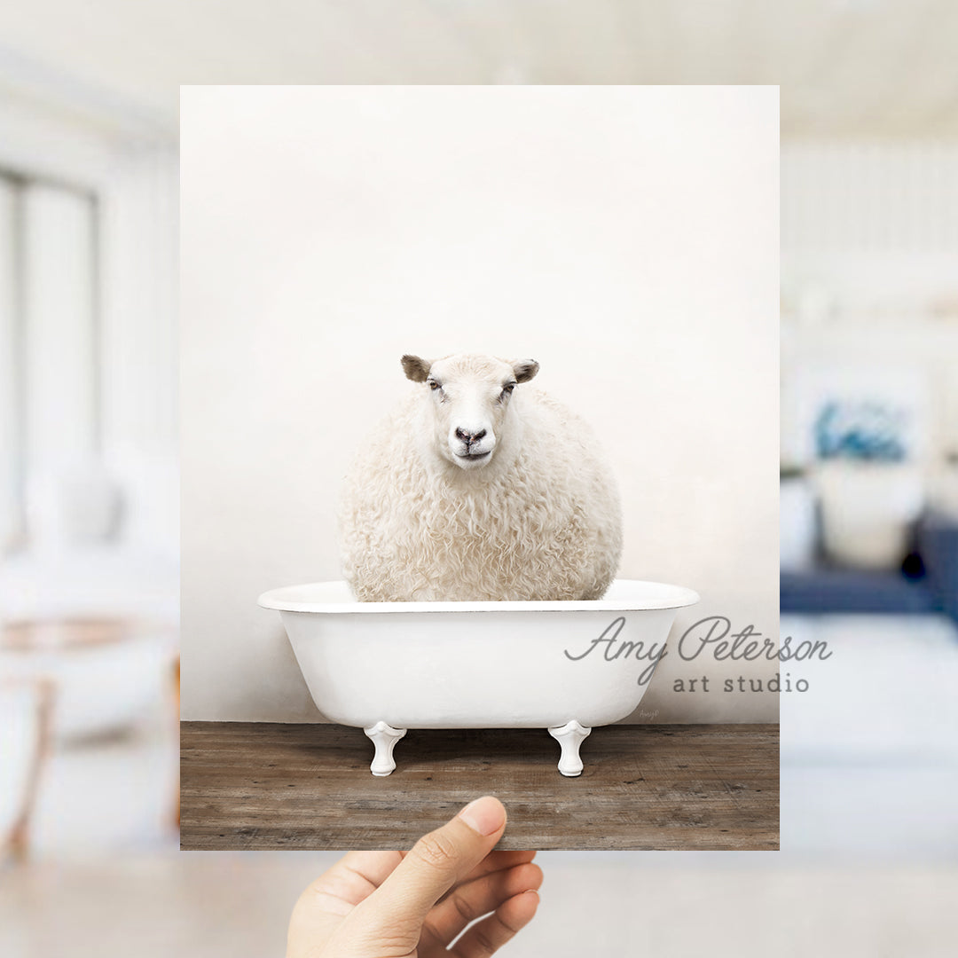 a sheep sitting in a bathtub in a room