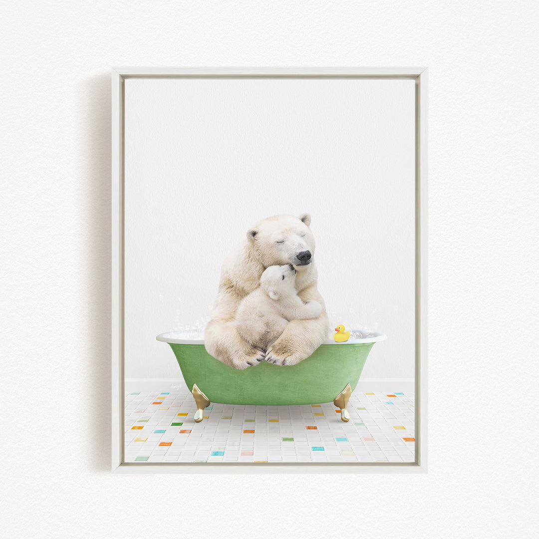A polar bear and a cub are sitting together in a green bathtub, with a rubber duck floating in the water.