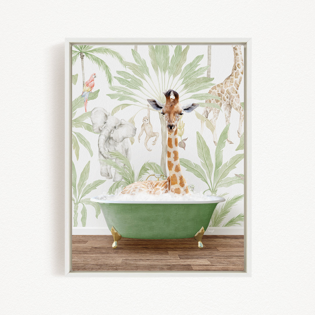 A giraffe is standing in a green bathtub, surrounded by various animals such as elephants, monkeys, and palm trees, all set against a tropical wallpaper backdrop.