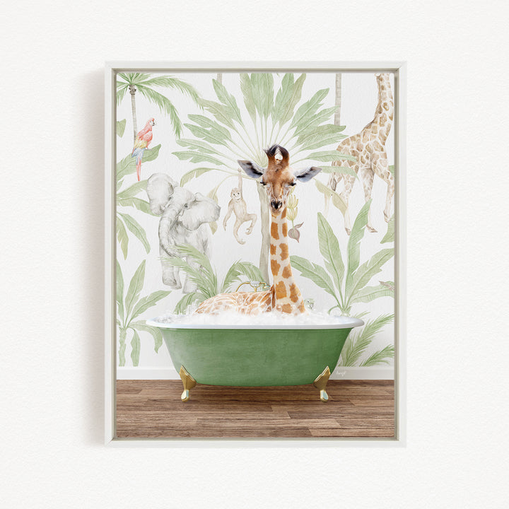 A giraffe is standing in a green bathtub, surrounded by various animals such as elephants, monkeys, and palm trees, all set against a tropical wallpaper backdrop.