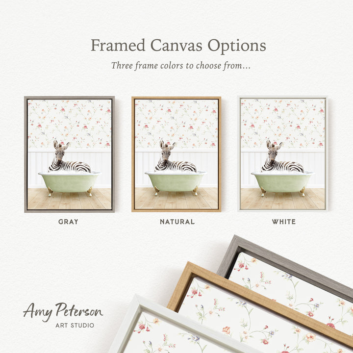 three framed canvas options featuring a zebra sitting in a bathtub, each with a different frame color: gray, natural, and white.