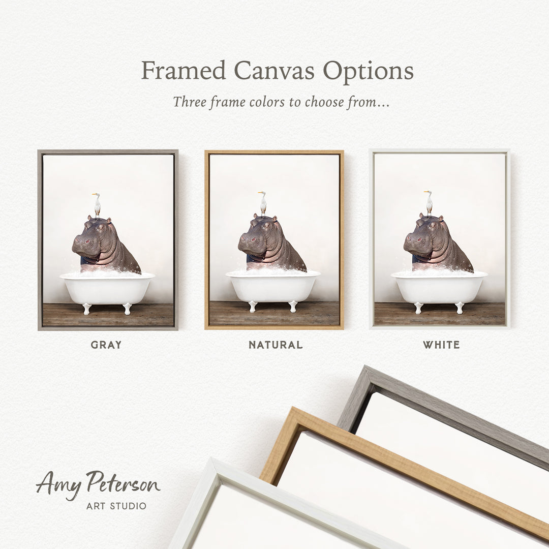 three framed canvas options, each featuring a photograph of a hippopotamus sitting in a bathtub. The options include a gray frame, a natural frame, and a white frame.