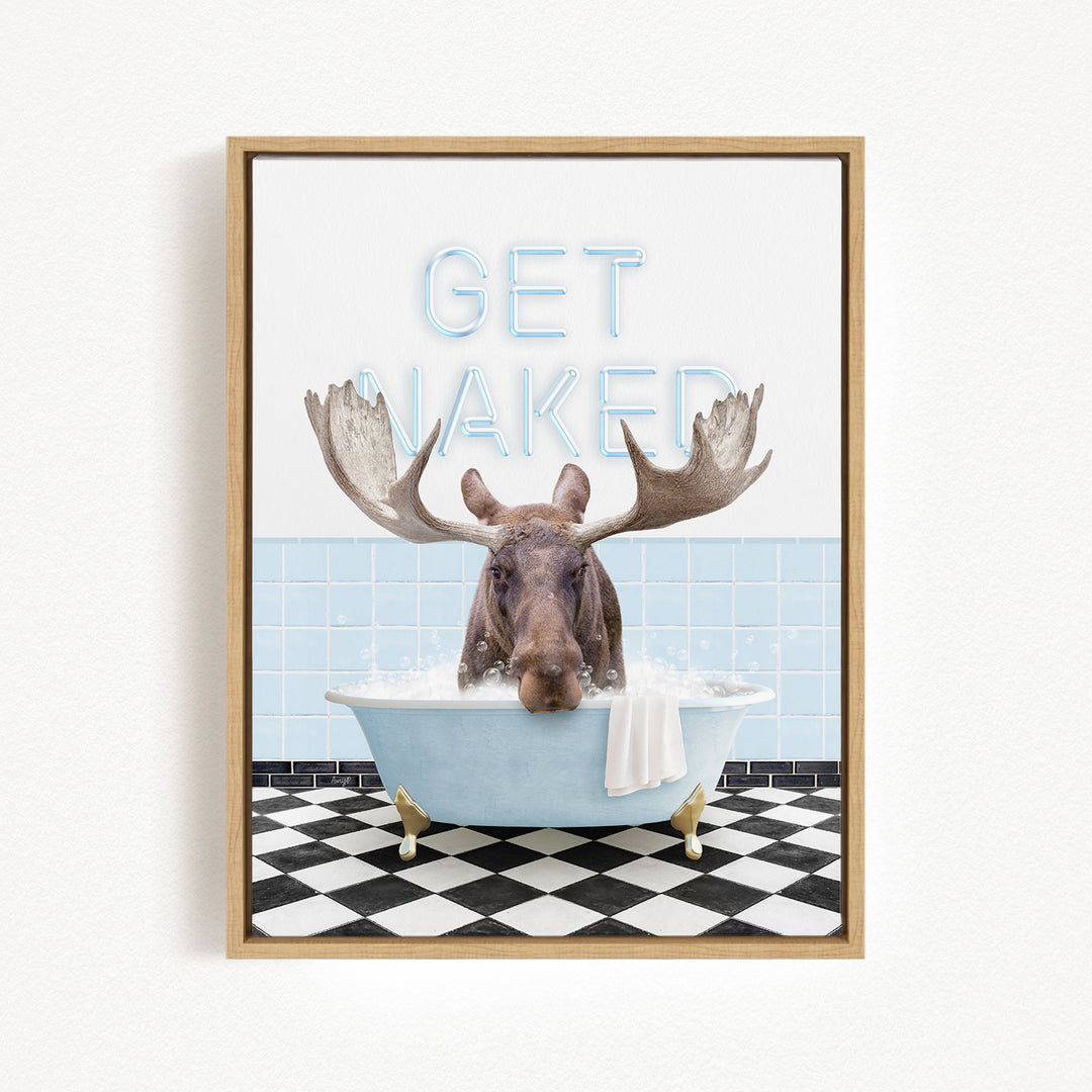A moose is sitting in a bathtub with its antlers raised, and the text "GET NAKED" is displayed above it.