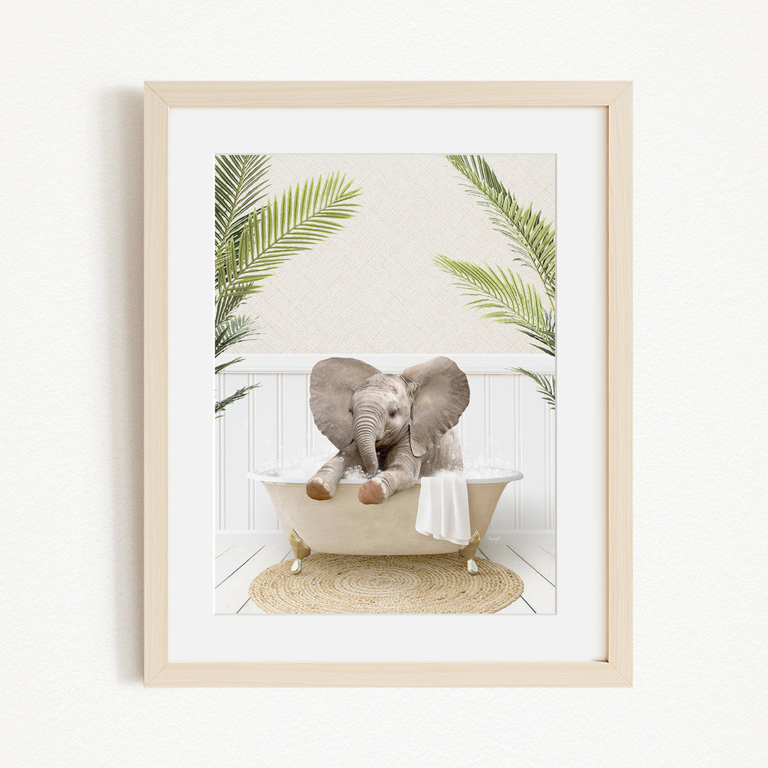 A baby elephant sitting in a bathtub, surrounded by palm leaves, creating a whimsical and playful scene.