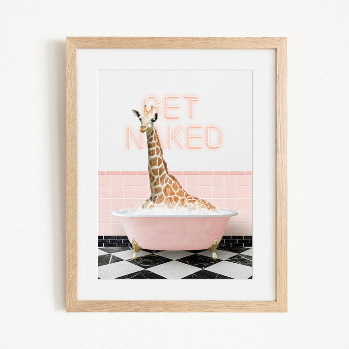 A giraffe sitting in a pink bathtub with the text "GET NAKED" displayed above it.