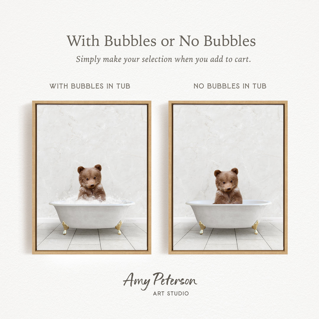The image is a collage of two pictures featuring a teddy bear sitting in a bathtub. The first picture shows the teddy bear in the tub with bubbles, while the second picture shows the teddy bear in the tub without bubbles.