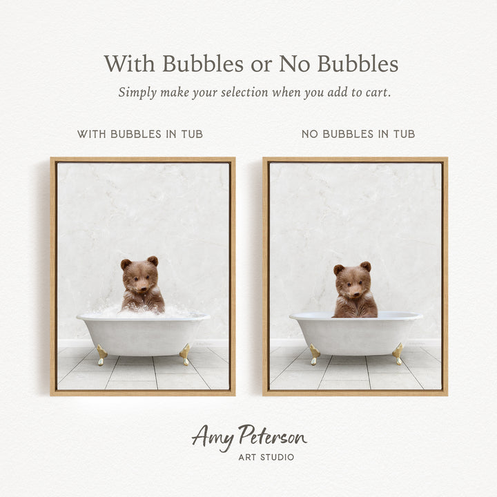 The image is a collage of two pictures featuring a teddy bear sitting in a bathtub. The first picture shows the teddy bear in the tub with bubbles, while the second picture shows the teddy bear in the tub without bubbles.