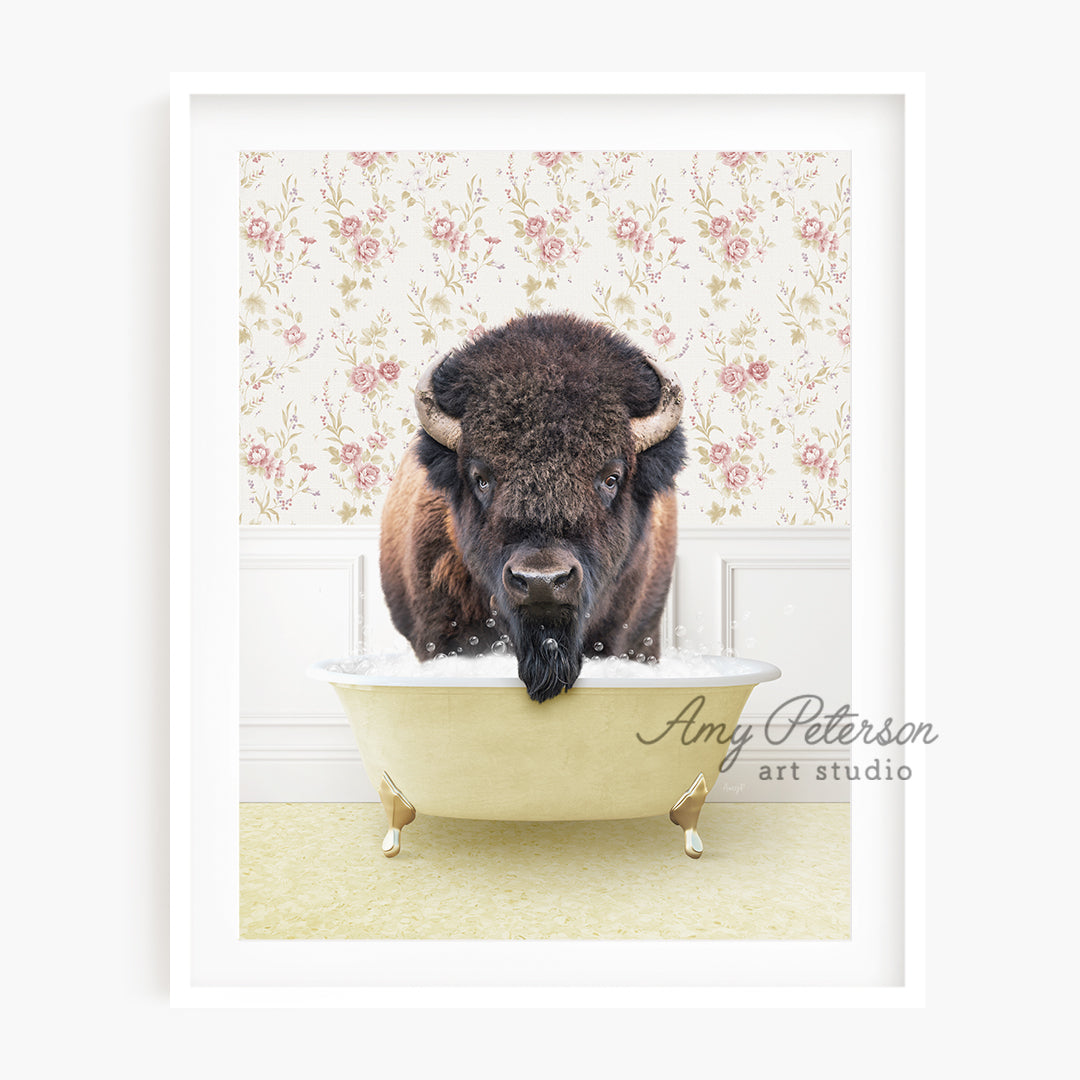 a bison is taking a bath in a bathtub