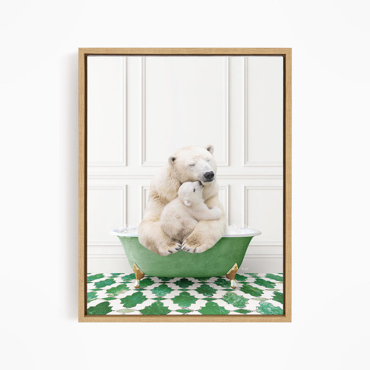 A polar bear sitting in a green bathtub, with a smaller polar bear resting on its lap, against a white wall with a green and white patterned floor.