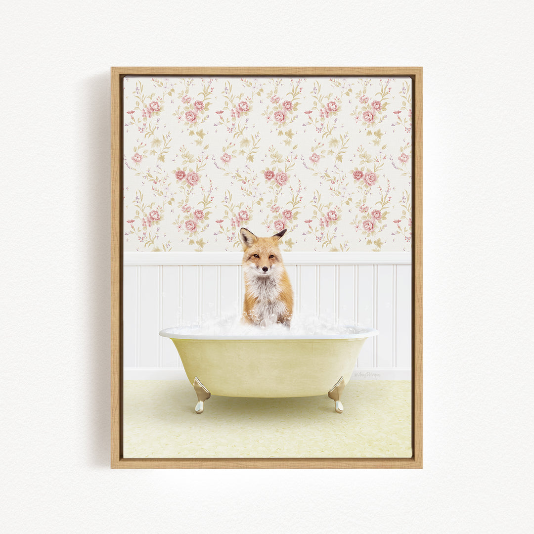 A fox is sitting in a bathtub filled with water, surrounded by a floral wallpaper.