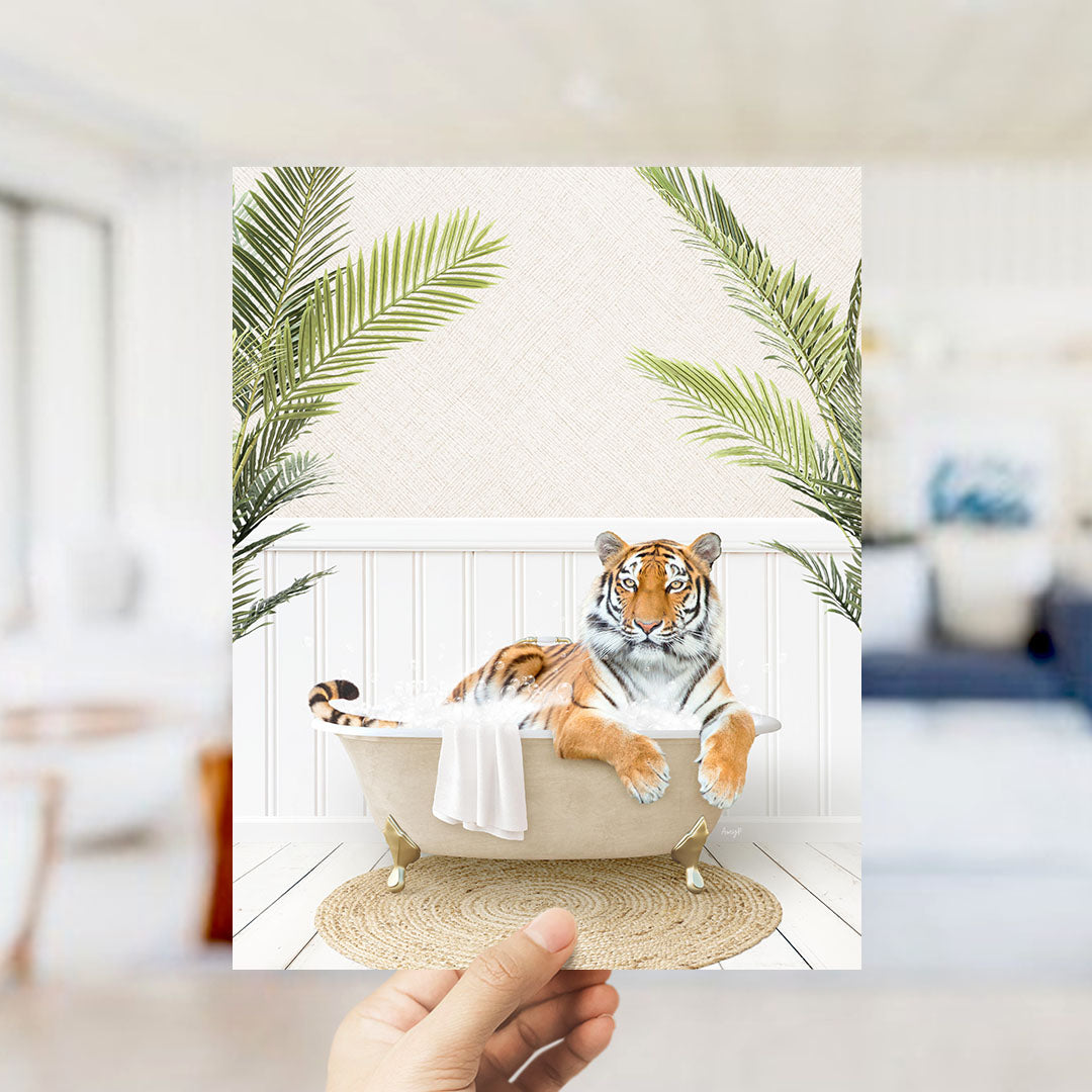 A tiger is sitting in a bathtub filled with water, surrounded by palm leaves, creating a whimsical and playful scene.