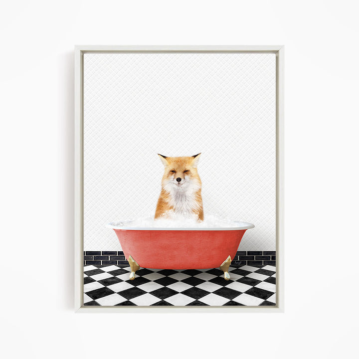 A red bathtub filled with water, with a cat sitting inside and looking at the camera.