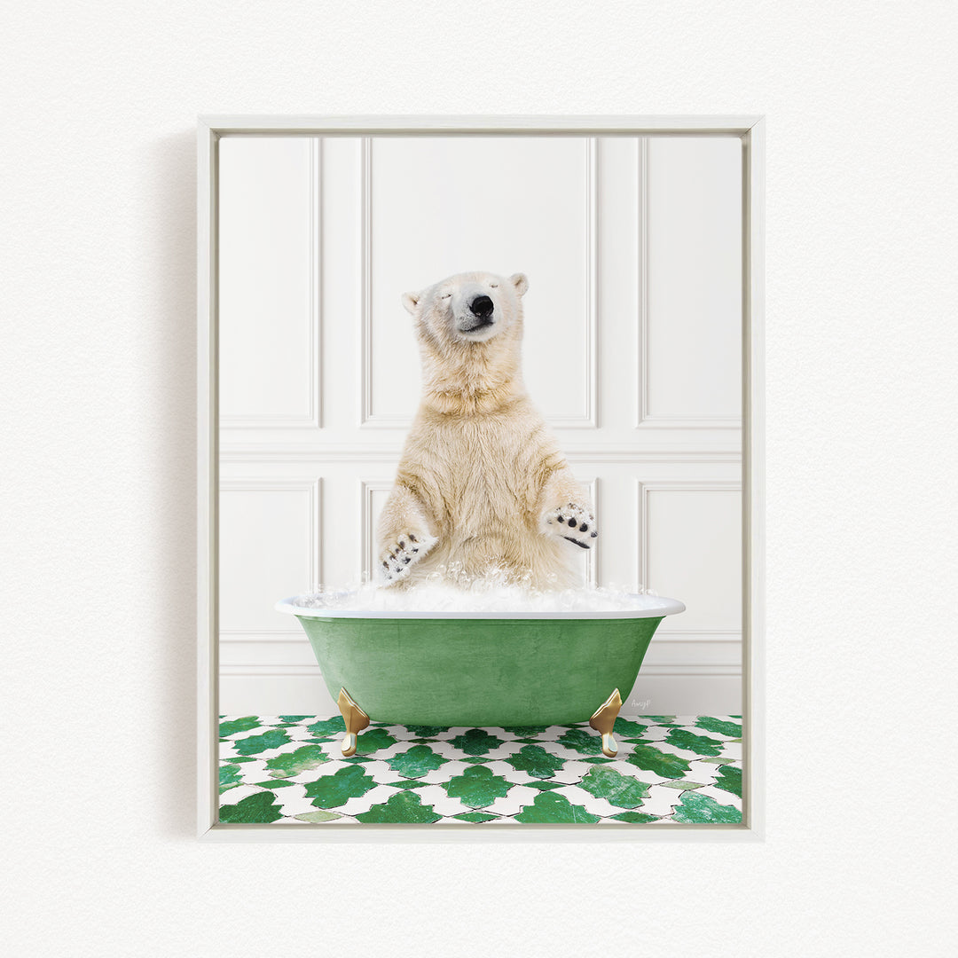 A polar bear standing in a green bathtub filled with water, with its paws raised in the air.