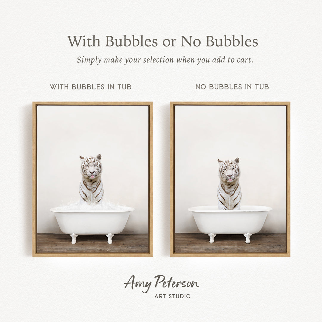 The image is a collage of two pictures, each featuring a white tiger sitting in a white bathtub. The first picture has bubbles in the tub, while the second picture does not have bubbles. The text above the images reads "With Bubbles or No Bubbles Simply make your selection when you add to cart."