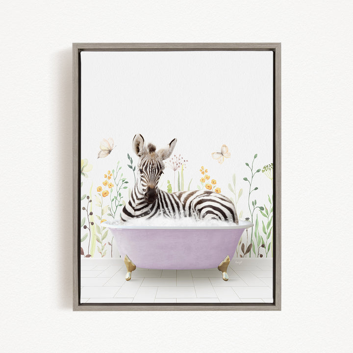 A zebra lying in a pink bathtub surrounded by flowers and butterflies.