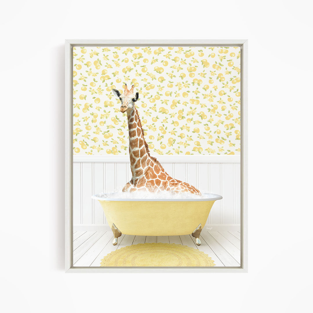 A giraffe is sitting in a yellow bathtub filled with water, surrounded by a yellow and white patterned wallpaper.