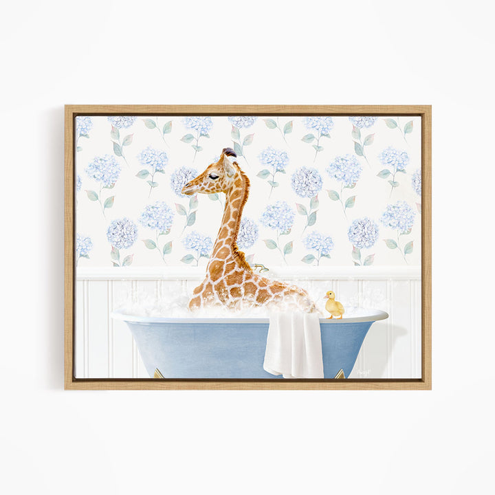 A giraffe sitting in a blue bathtub, surrounded by a floral patterned wall and a yellow duck.
