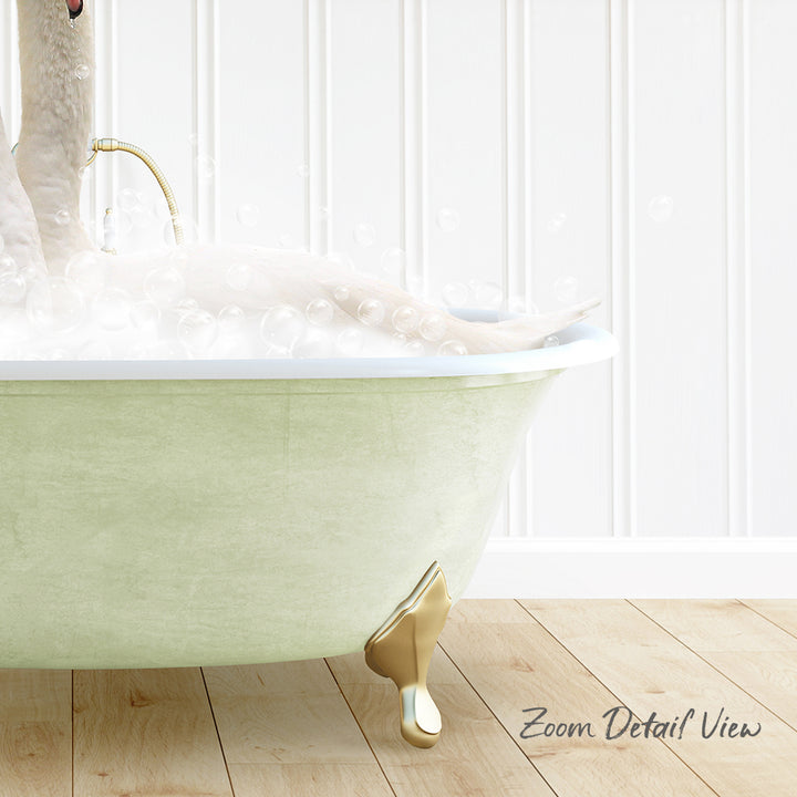 A person is sitting in a green bathtub filled with bubbles, with a white wall in the background.
