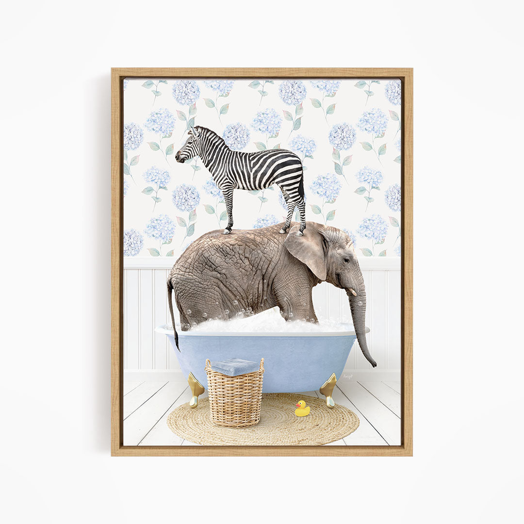A zebra stands on the back of an elephant, both enjoying a bath in a blue tub, with a basket of rubber ducks nearby.