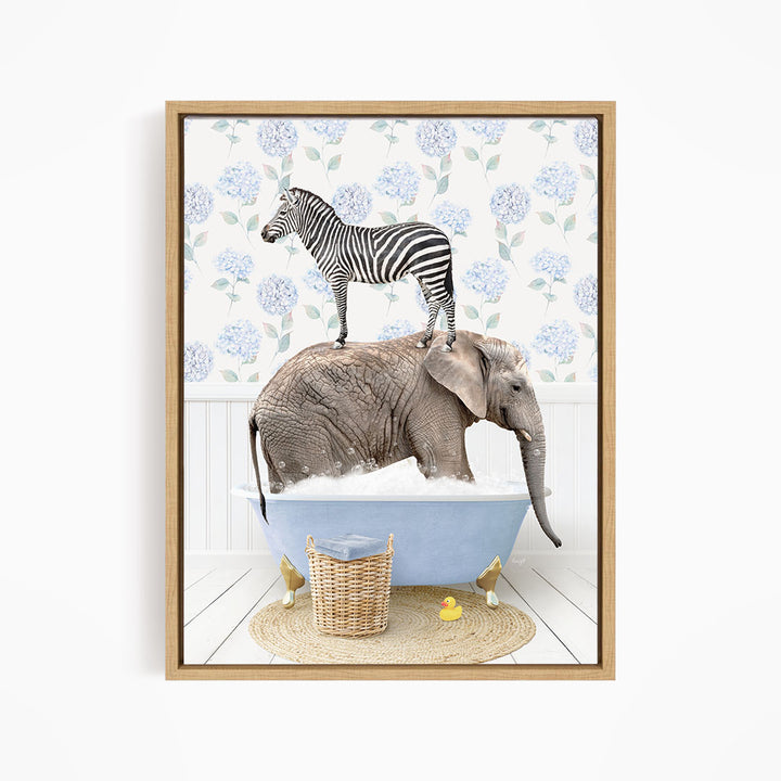 A zebra stands on the back of an elephant, both enjoying a bath in a blue tub, with a basket of rubber ducks nearby.