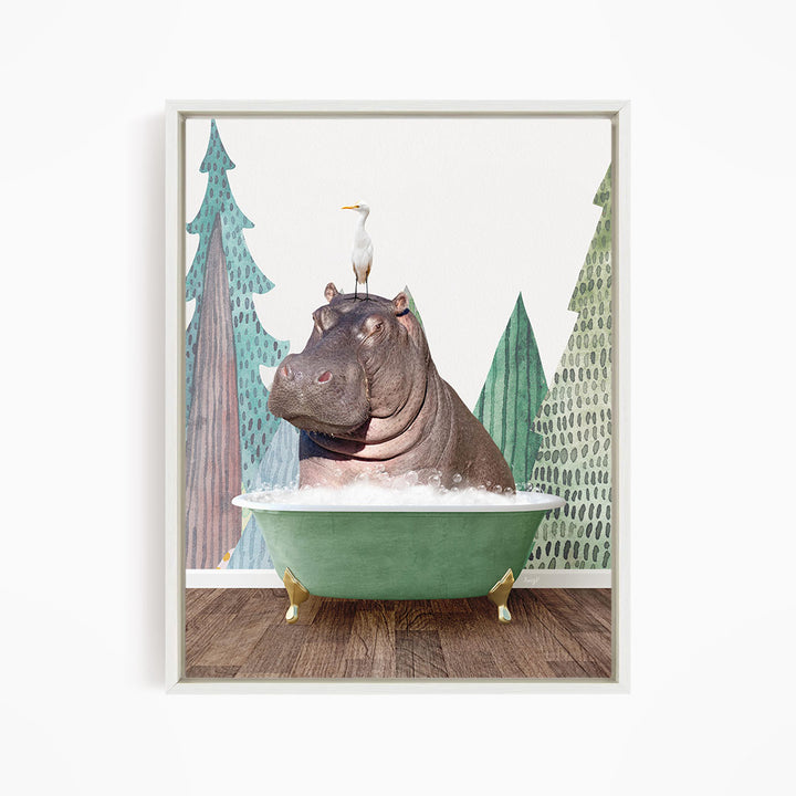A hippopotamus sitting in a green bathtub, with a bird perched on its head.