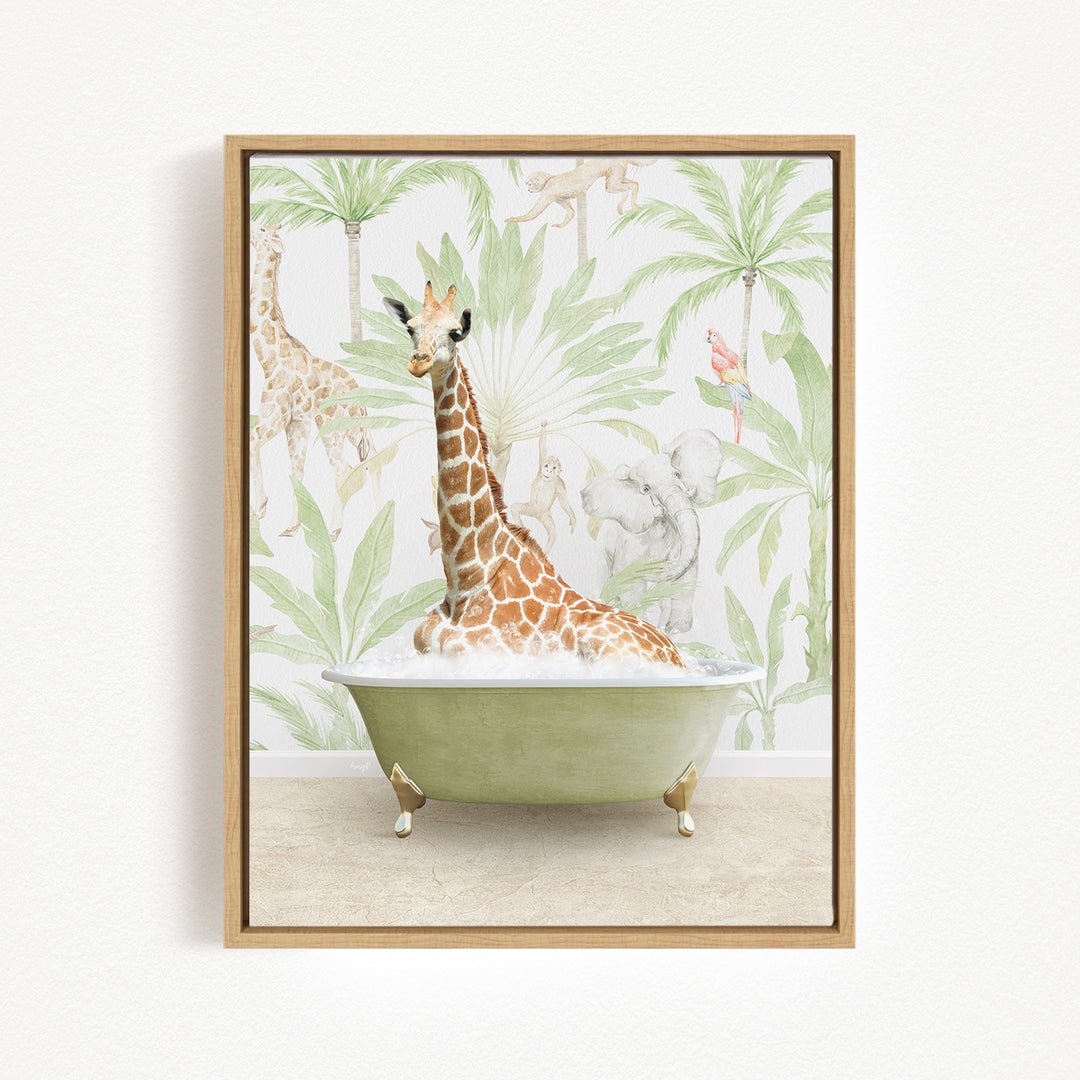 A giraffe sitting in a green bathtub filled with water, surrounded by tropical foliage and animals.