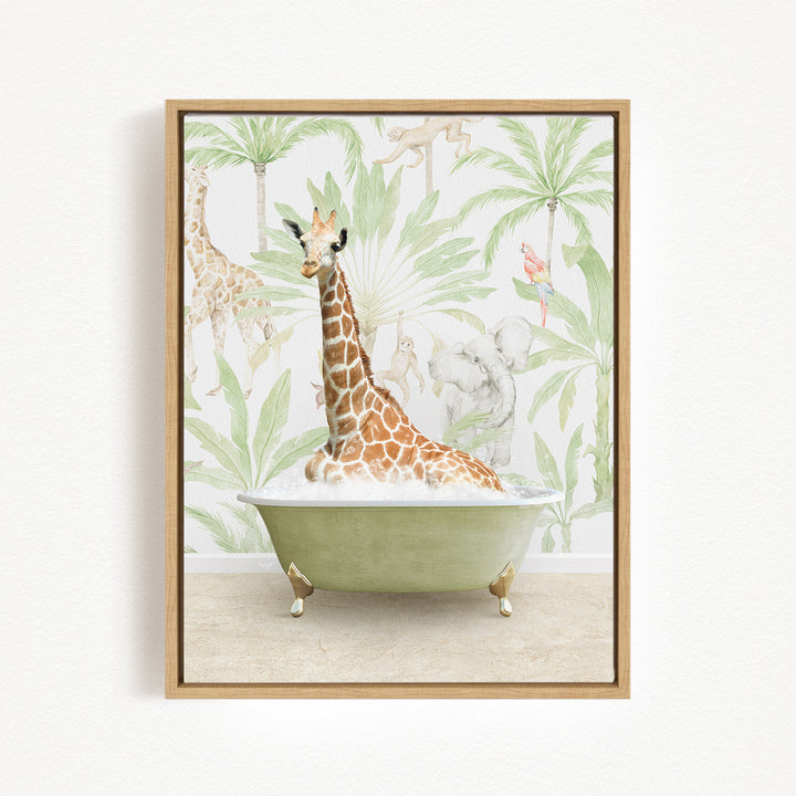 A giraffe sitting in a green bathtub filled with water, surrounded by tropical foliage and animals.
