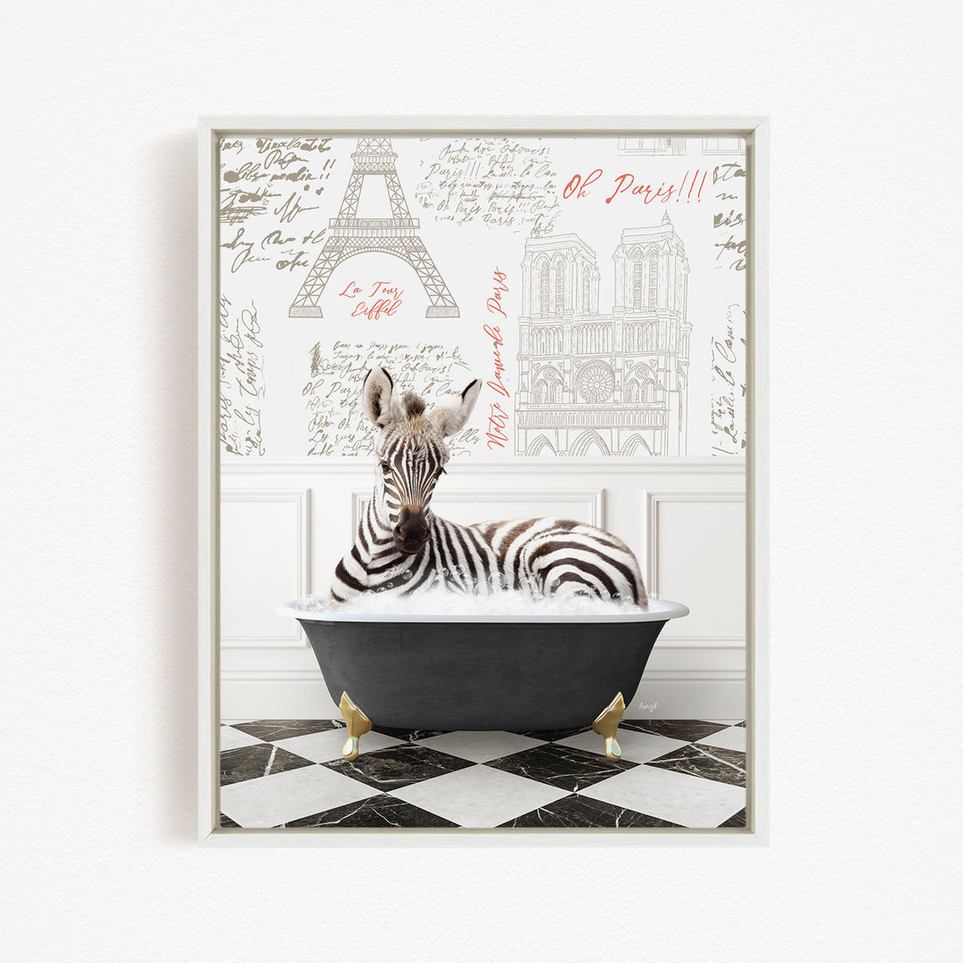 A zebra is sitting in a bathtub, surrounded by various Paris-themed elements such as the Eiffel Tower and other landmarks.