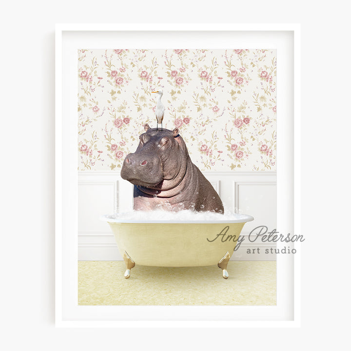 a hippo in a bathtub with a crown on its head