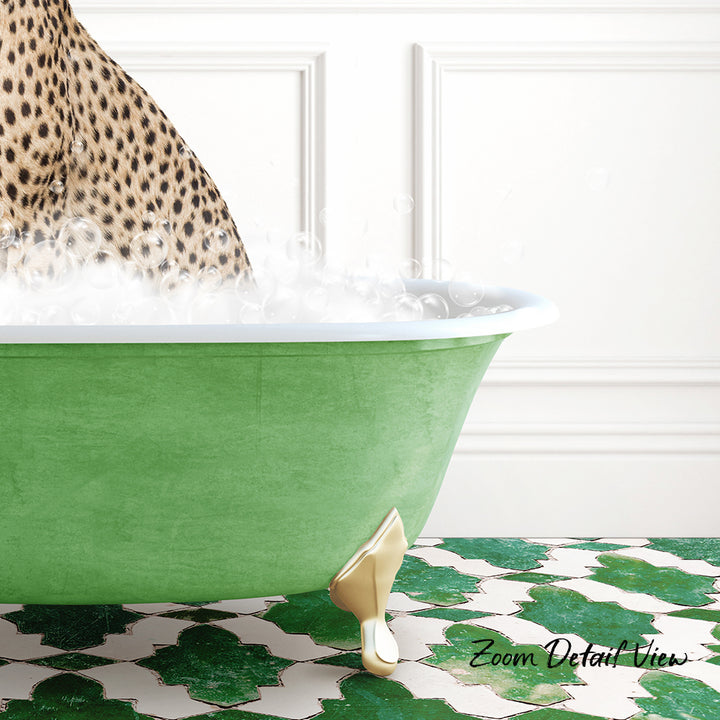 A leopard print bathtub filled with water and bubbles, with a gold claw-footed bathtub and a green and white patterned floor.