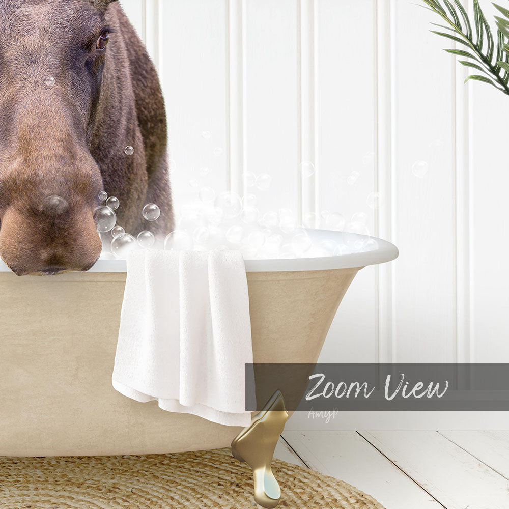 A brown horse is sitting in a bathtub filled with bubbles, with a towel and a gold object nearby.