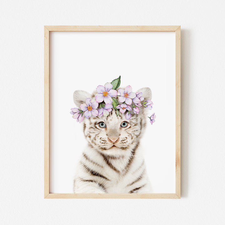 a picture of a white tiger wearing a flower crown