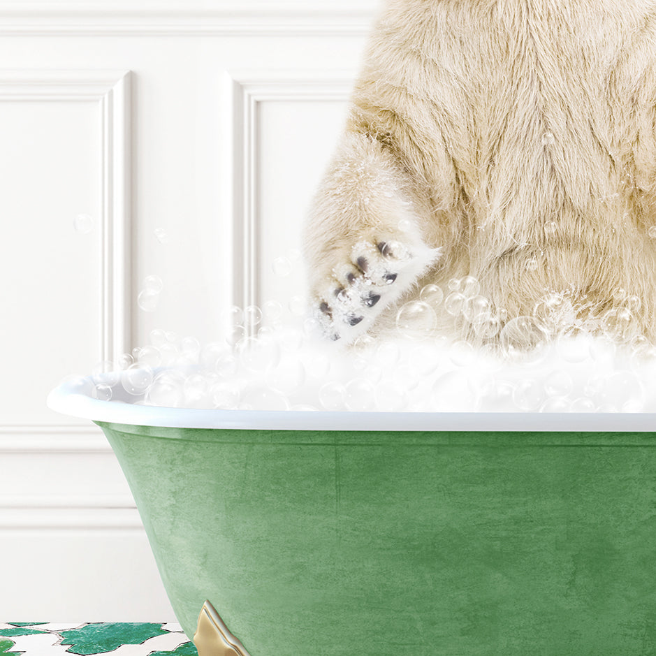 a polar bear sitting in a bathtub full of bubbles