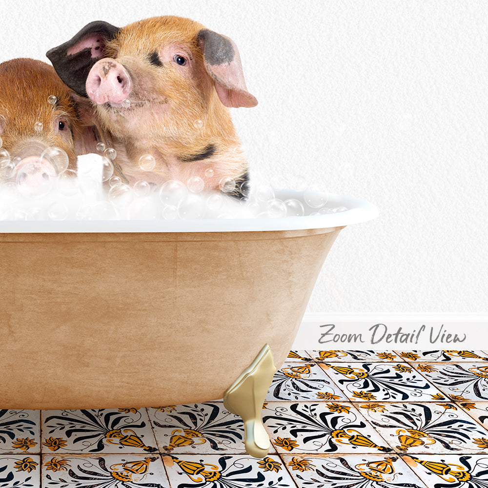 A pair of adorable pigs sitting in a bathtub filled with bubbles, creating a playful and whimsical scene.