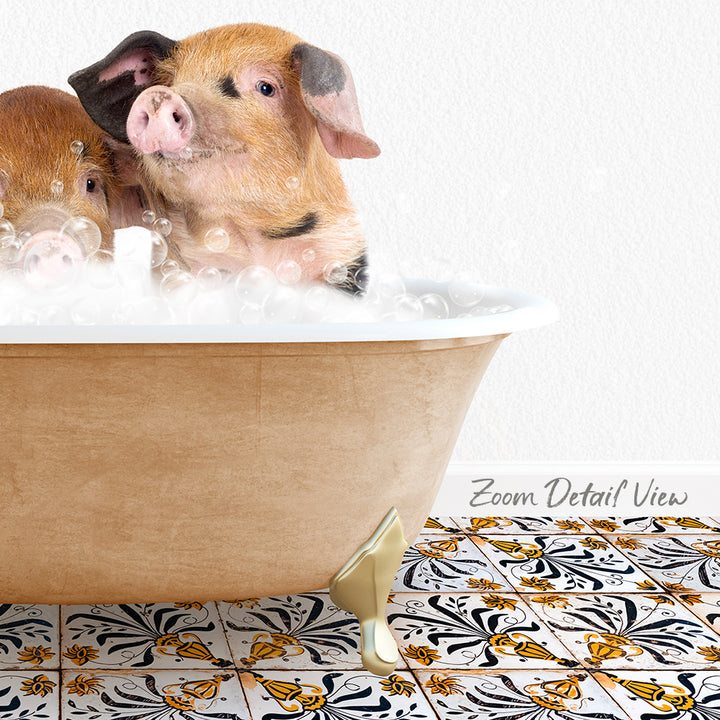 A pair of adorable pigs sitting in a bathtub filled with bubbles, creating a playful and whimsical scene.