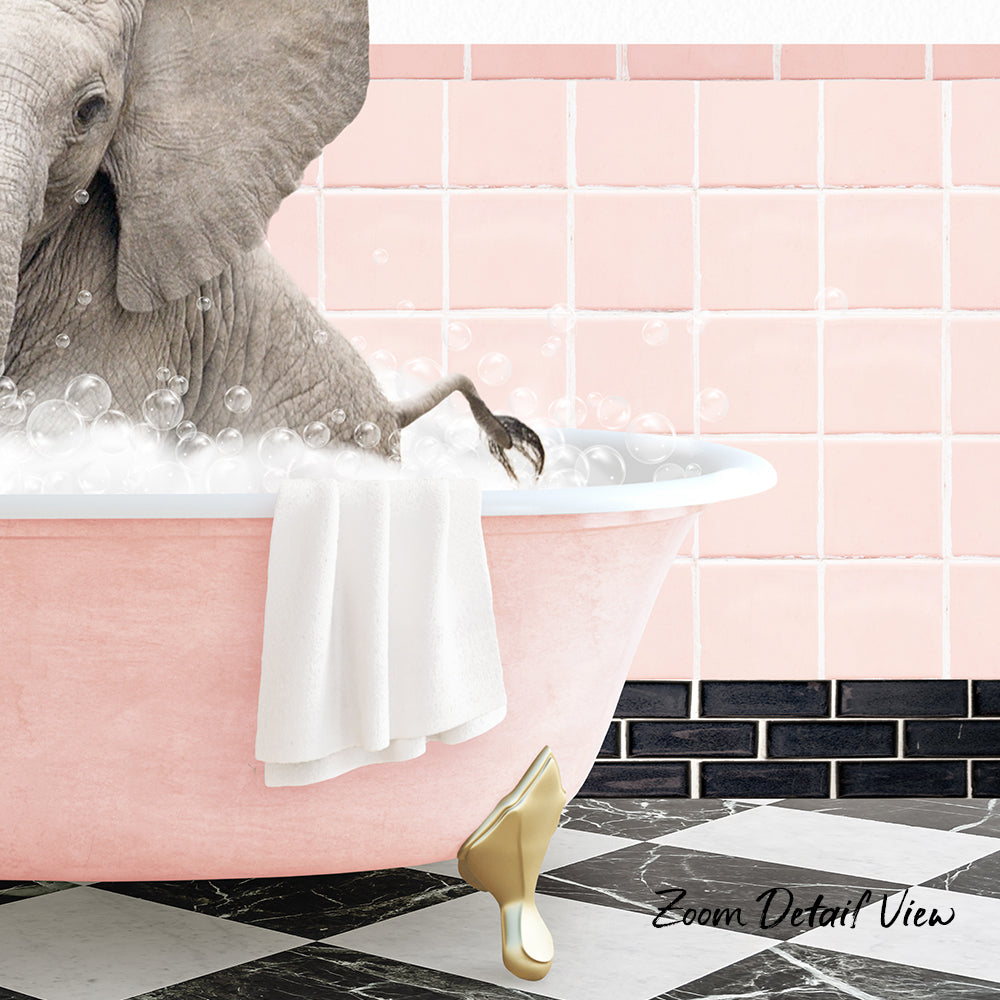 A gray elephant is sitting in a pink bathtub filled with bubbles, with a towel draped over its leg and a gold shoe resting on the floor.