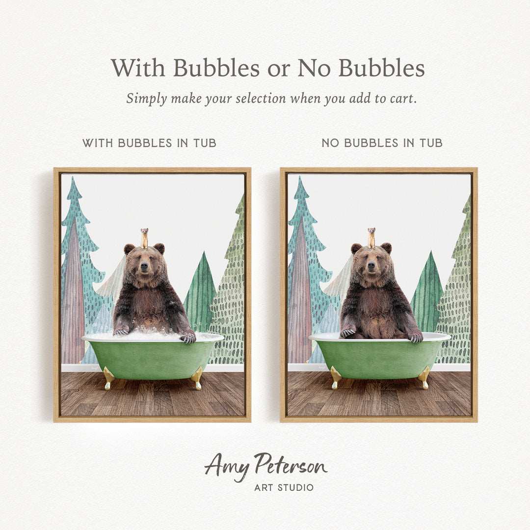 The image is a collage of two pictures featuring a bear sitting in a green bathtub. The bear is wearing a crown and appears to be enjoying the bath. The collage includes a frame with the text "With Bubbles or No Bubbles" and "WITH BUBBLES IN TUB" and "NO BUBBLES IN TUB".
