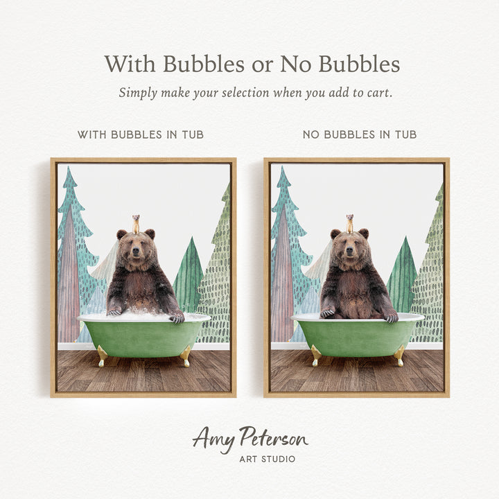The image is a collage of two pictures featuring a bear sitting in a green bathtub. The bear is wearing a crown and appears to be enjoying the bath. The collage includes a frame with the text "With Bubbles or No Bubbles" and "WITH BUBBLES IN TUB" and "NO BUBBLES IN TUB".