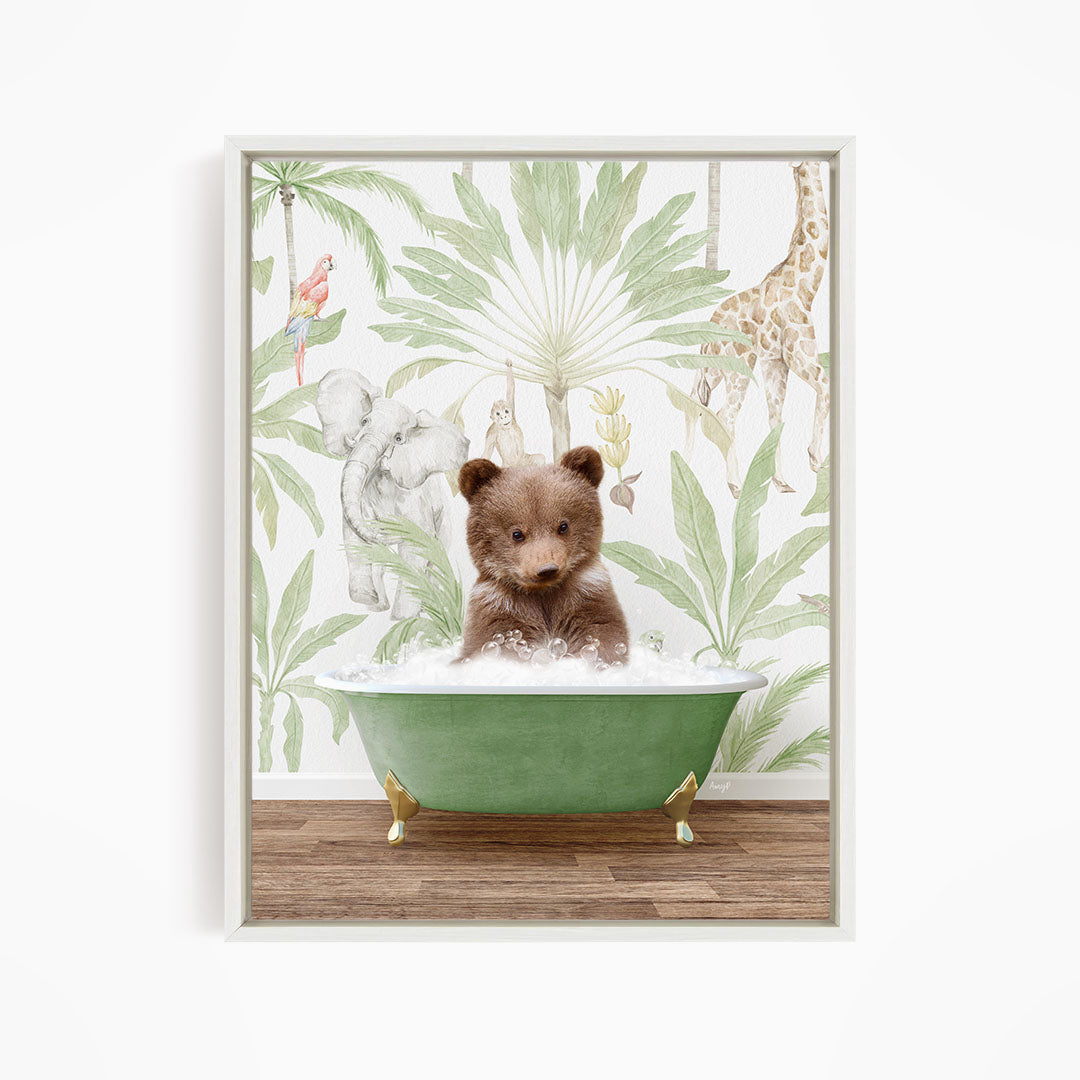 A brown bear sitting in a green bathtub filled with water, surrounded by tropical plants and animals, such as a giraffe and a parrot.