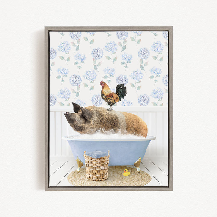 A pig is sitting in a bathtub filled with water, with a rooster perched on its back. The scene is set against a backdrop of blue hydrangea flowers.