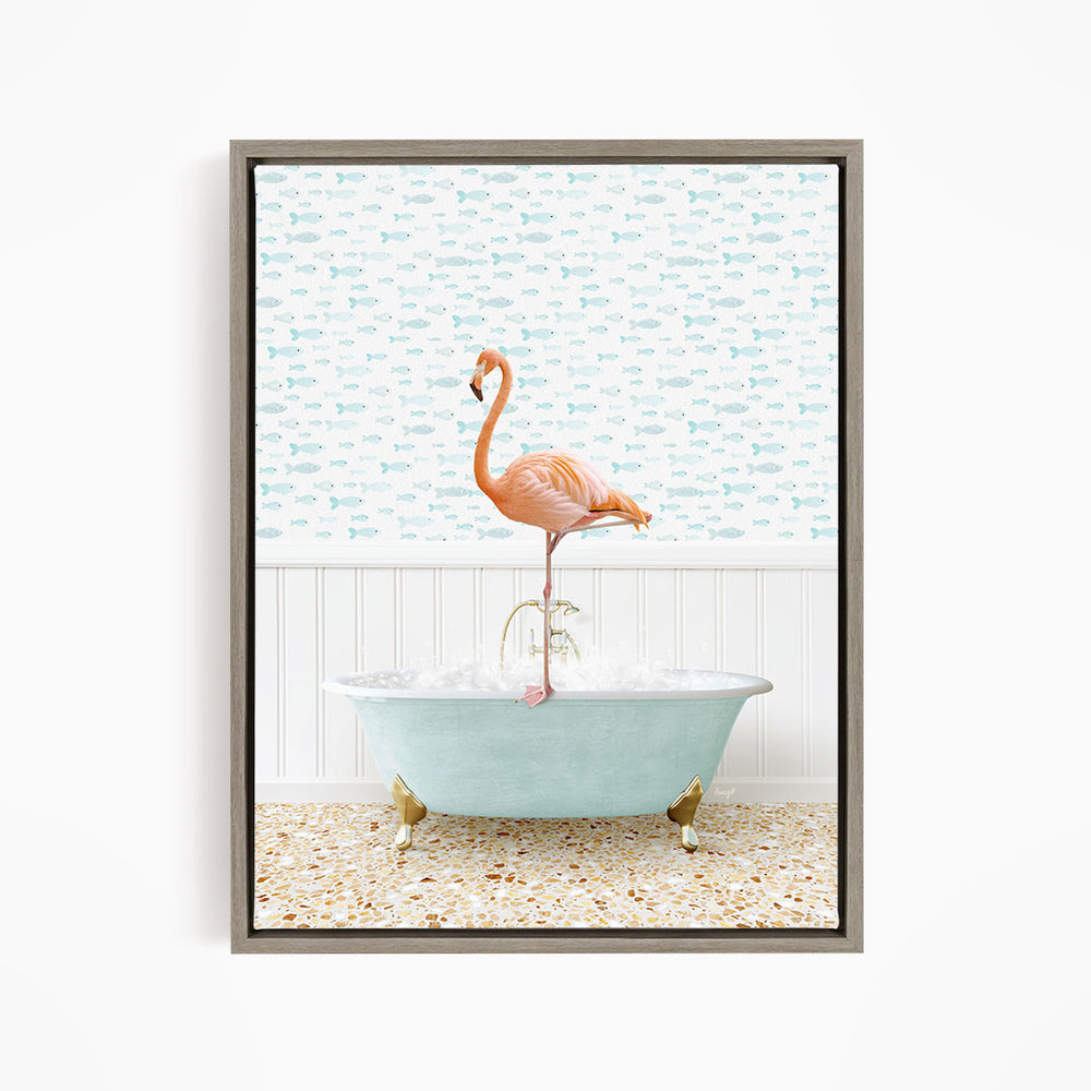 A pink flamingo stands on the edge of a light blue clawfoot bathtub, with a patterned tile floor and a wall with a fish-themed wallpaper behind it.