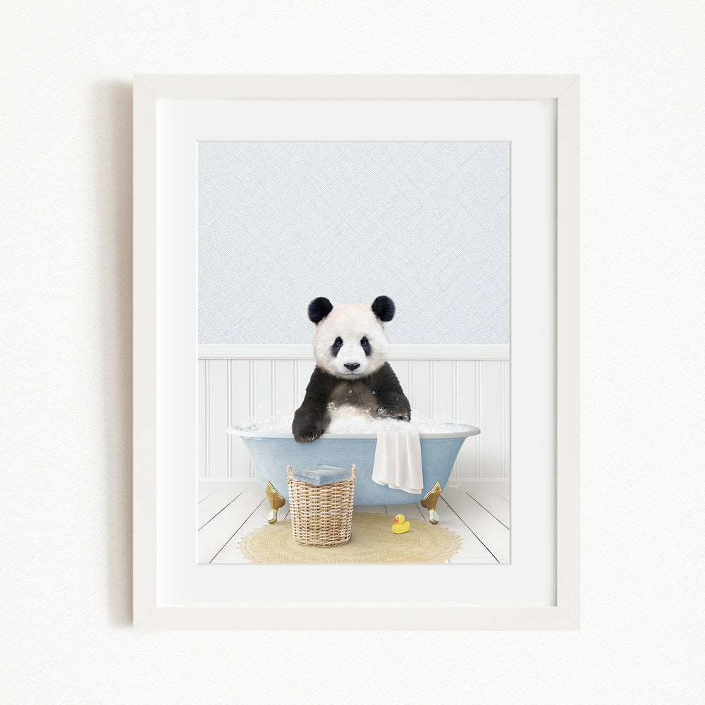 A panda bear sitting in a blue bathtub, surrounded by rubber ducks and a basket.