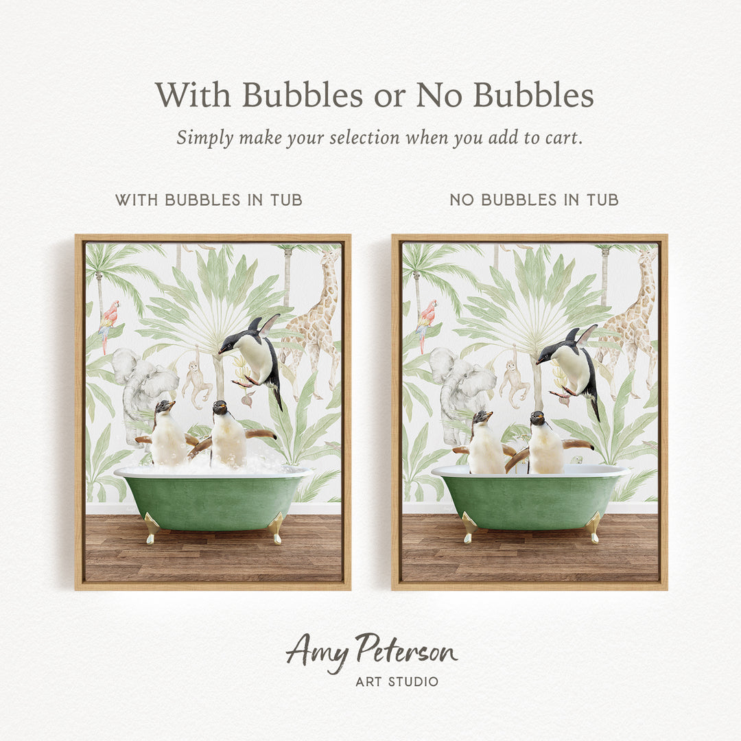 The image is a collage of two framed pictures, each depicting a penguin in a bathtub. The penguins are surrounded by tropical plants, creating a whimsical and playful scene. The text above the images reads "With Bubbles or No Bubbles" and "Simply make your selection when you add to cart." The artist's name, Amy Peterson, is mentioned at the bottom of the image.