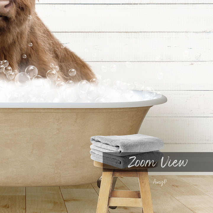 A brown dog is sitting in a bathtub filled with bubbles, with a towel and stool visible in the foreground.
