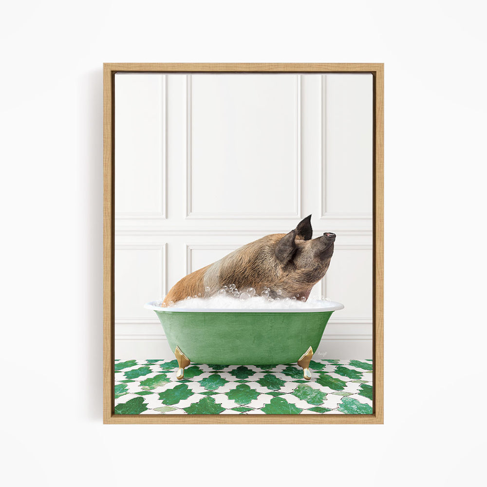 A brown pig sitting in a green bathtub filled with water, looking up at the camera.